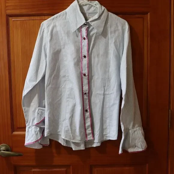 Bell Fine Garments Vintage Striped Button Down Ruffle Sleeve Sequin Trim Shirt 1 - Picture 11 of 12